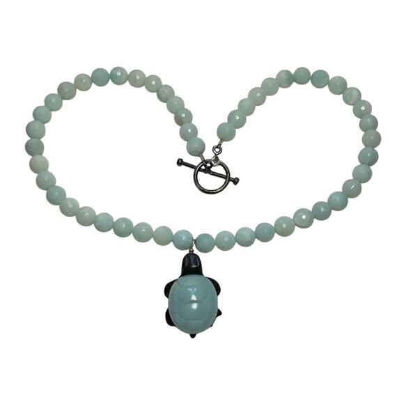 Handcrafted Aquamarine Beaded Necklace Carved Turtle Pendant Asian Symbolism - Picture 1 of 10